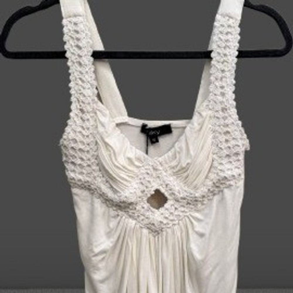 NEW Sky Women Crochet Knit Trim Keyhole Ruched Tank Top Ivory Small